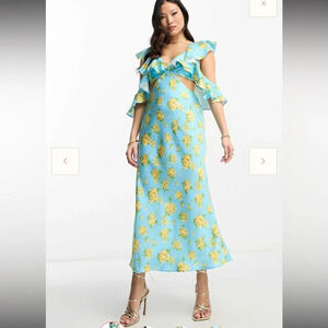 Asos Design Petite Satin Midaxi Dress With Multi Flutter Sleeves In Blue Floral